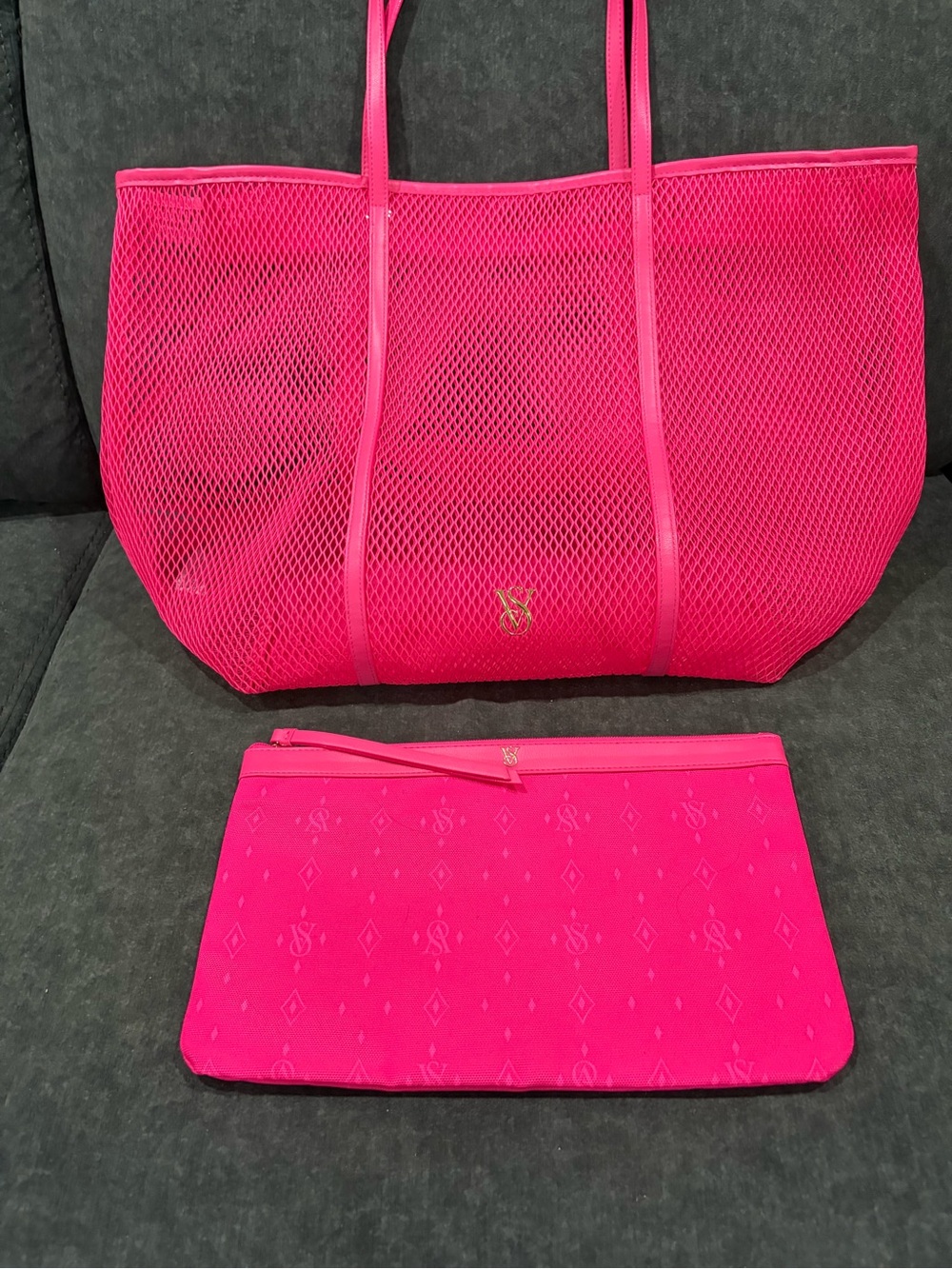 Women’s Hot Pink Mesh Tote Bag with Pouch